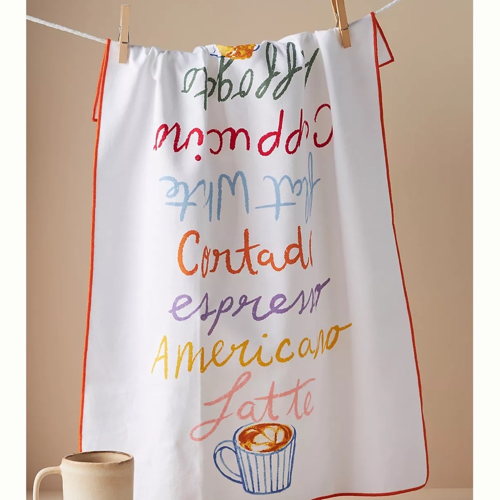 Anthropologie NWT Colorful Coffee-Themed Kitchen Towel